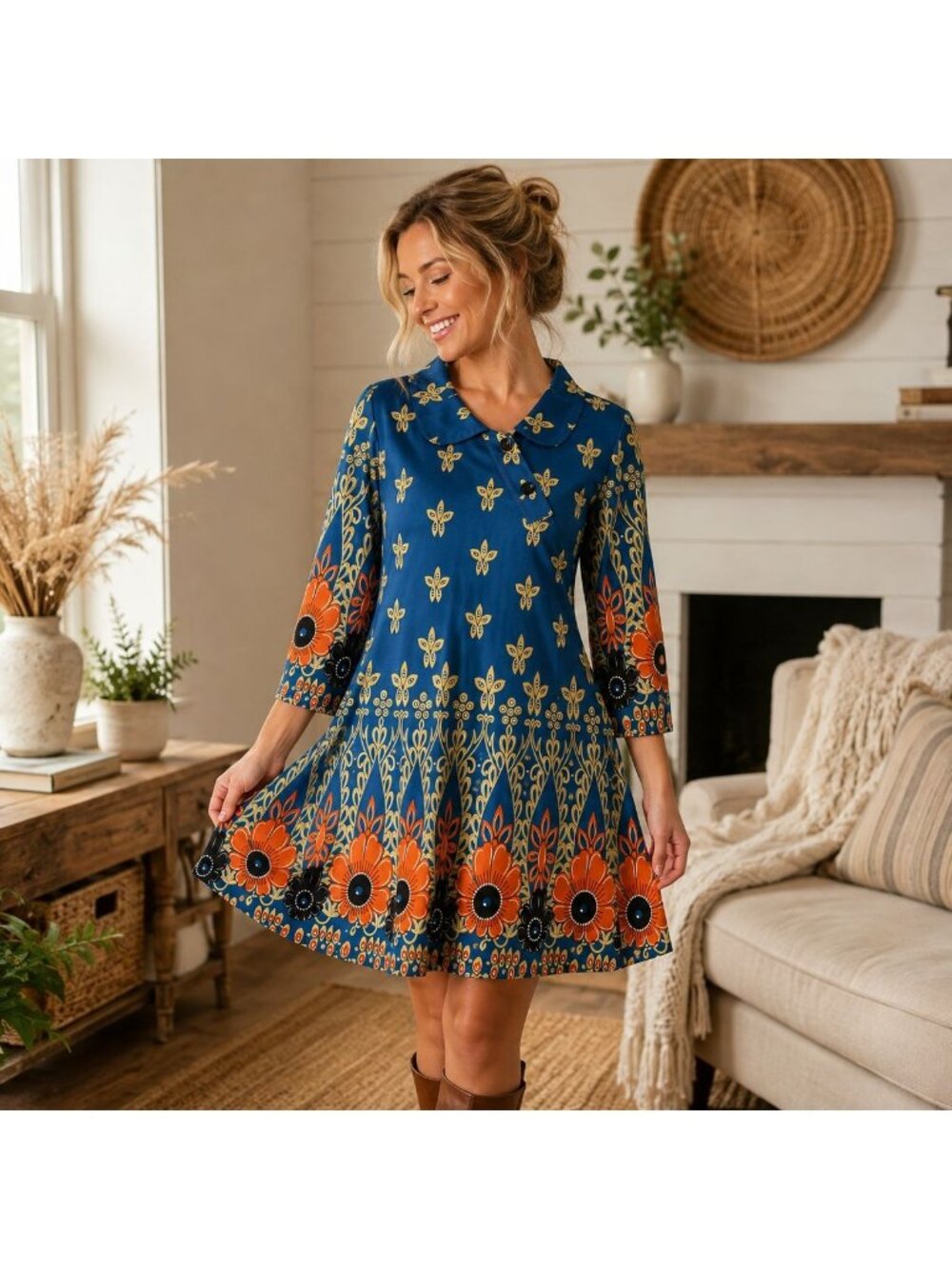 RB Collection Flower Power Tunic Dress XL Retro Floral Boho Swing Top Mod Print